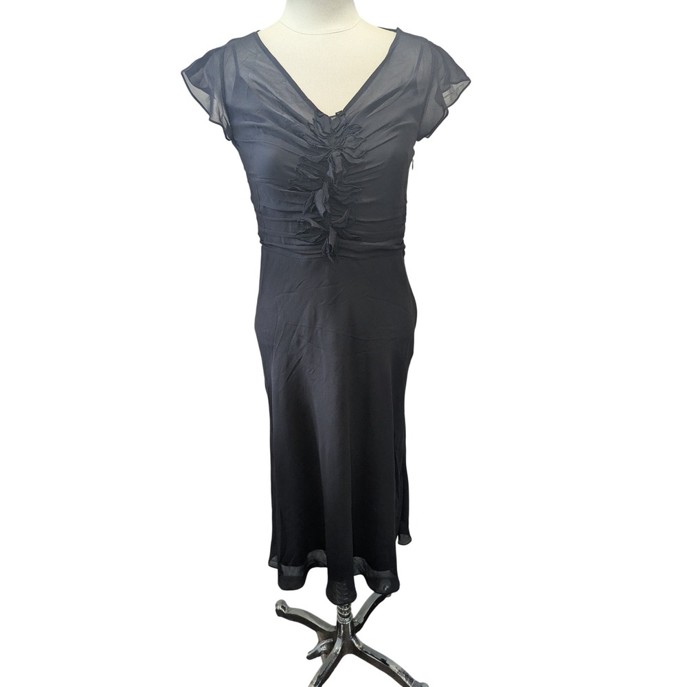 BCBGMAXAZRIA Womens 100% Silk Black V-Neck Ruched Floral Applique Midi Dress 6